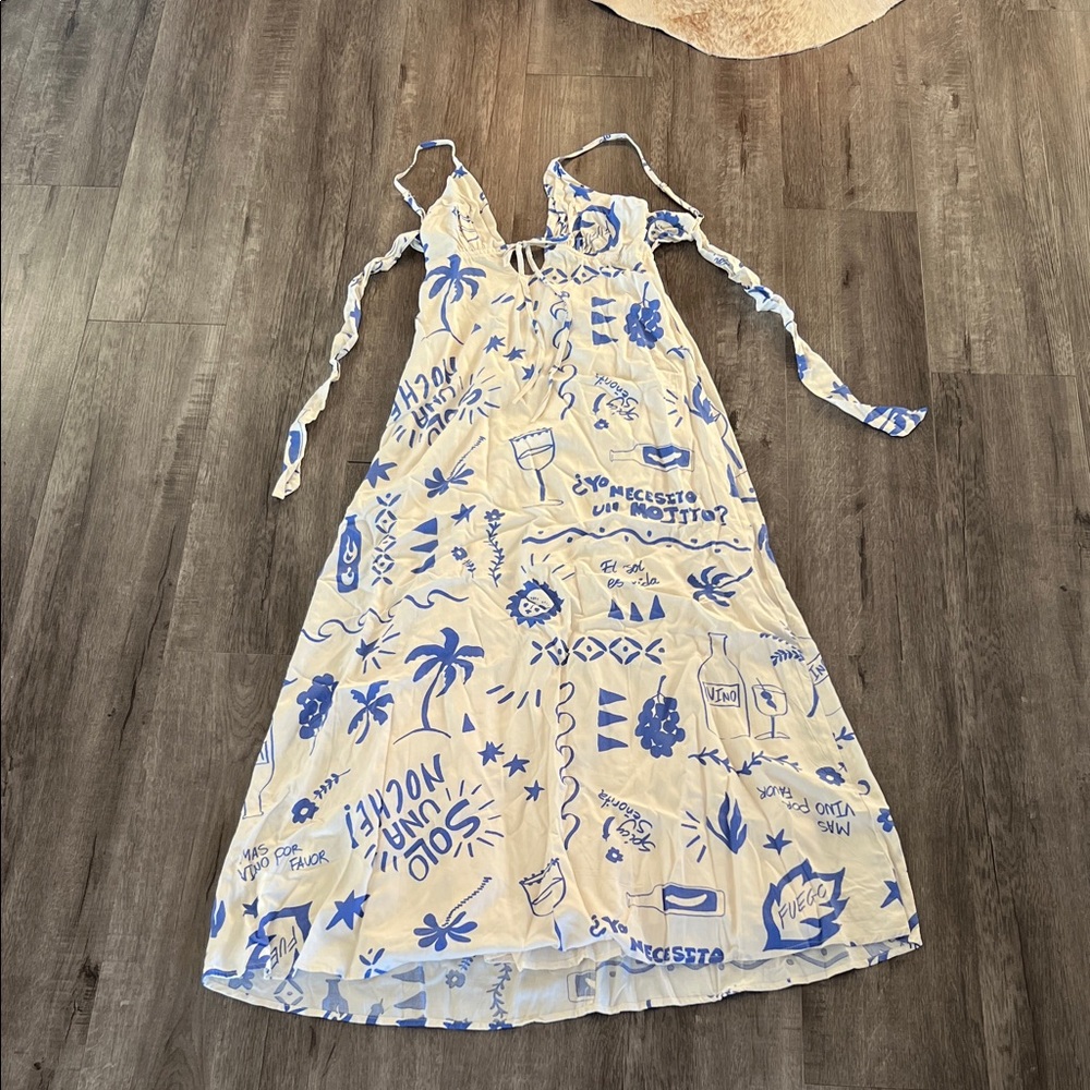 Blue and White Printed Maxi Dress